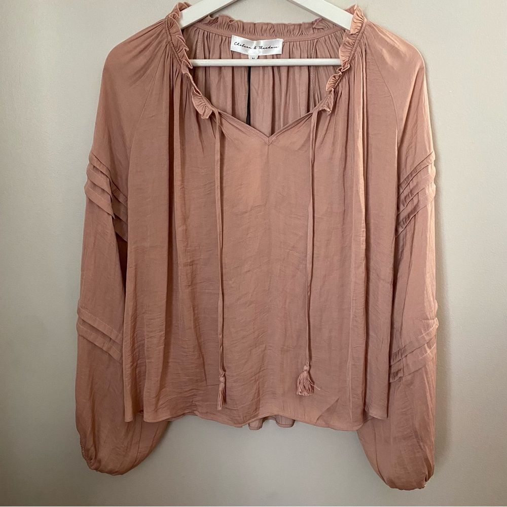 Chelsea & Theodore Blouse Dusty Rose Pink Neutral Casual Ruffle Tassle Tie Front